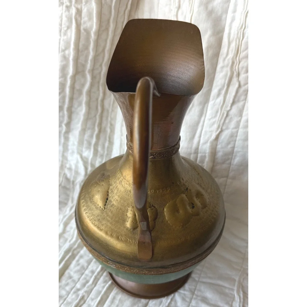 Vintage Copper Brass Decorative Pitcher Vase Embossed Patina Home Decor 12in